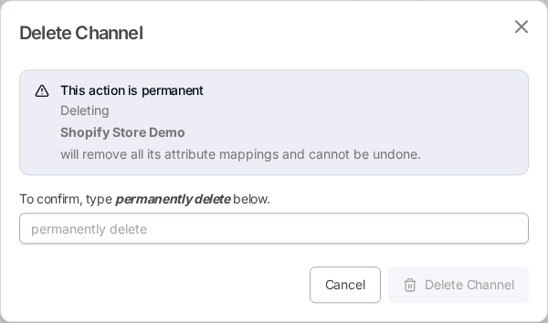 The Delete Channel confirmation dialog with the delete button disabled