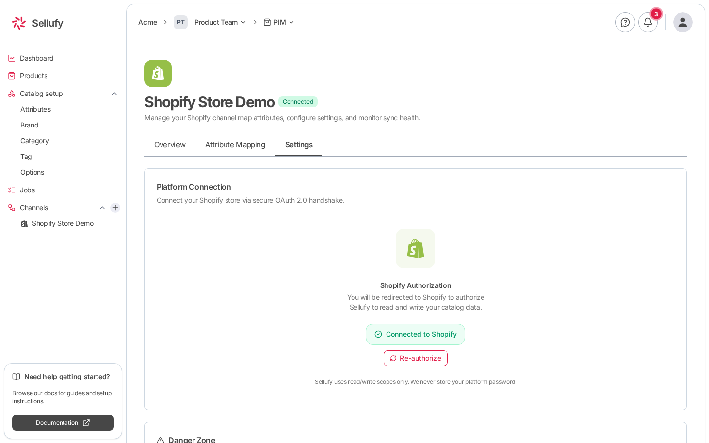 The Settings tab of a connected Shopify channel